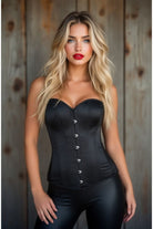 Halloween Black Satin Overbust Corset with Busk Closure for Women