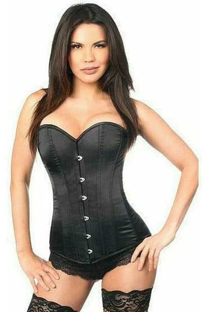 Halloween Black Satin Overbust Corset with Busk Closure for Women