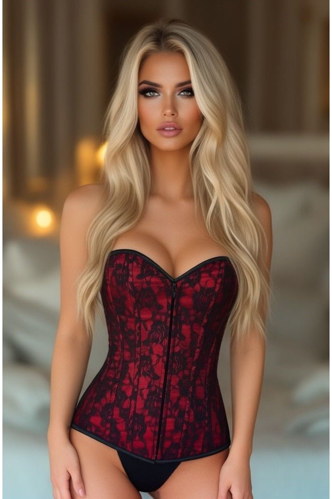 Halloween Red Lace Front Zipper Overbust Corset for Women