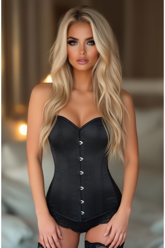 Halloween Black Satin Overbust Corset with Busk Closure for Women
