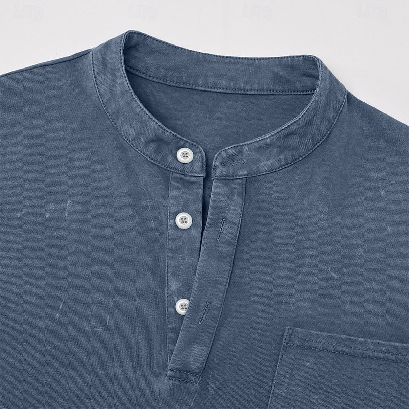 Henley Shirt Mens Vintage Washed Long Sleeve Button Placket Faded