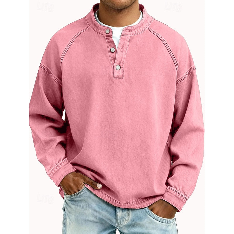 Henley Shirt Mens Washed Cotton Long Sleeve Relaxed Lived In Feel