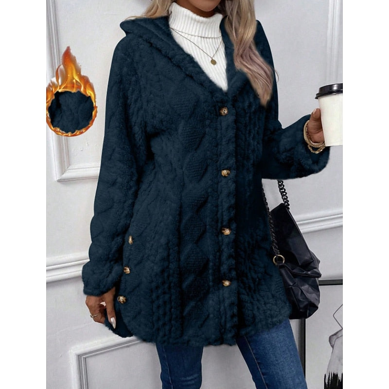 Fleece Jacket Womens Hooded Textured Relaxed Zip Front Soft Warm
