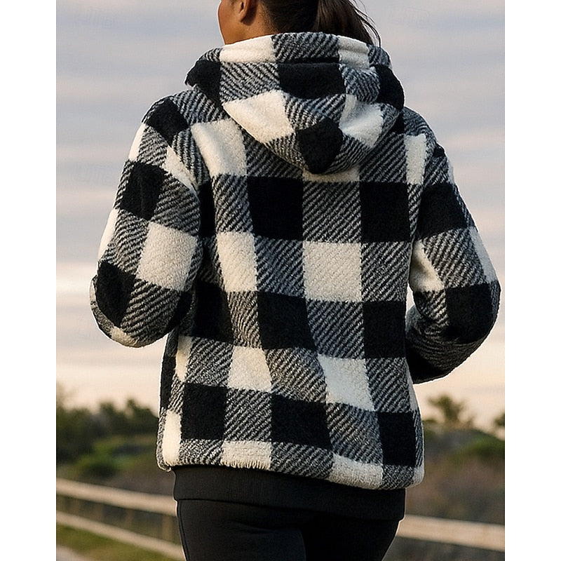 Hoodie Womens Quarter Zip Checkered Soft Fleece Pullover Plus Size