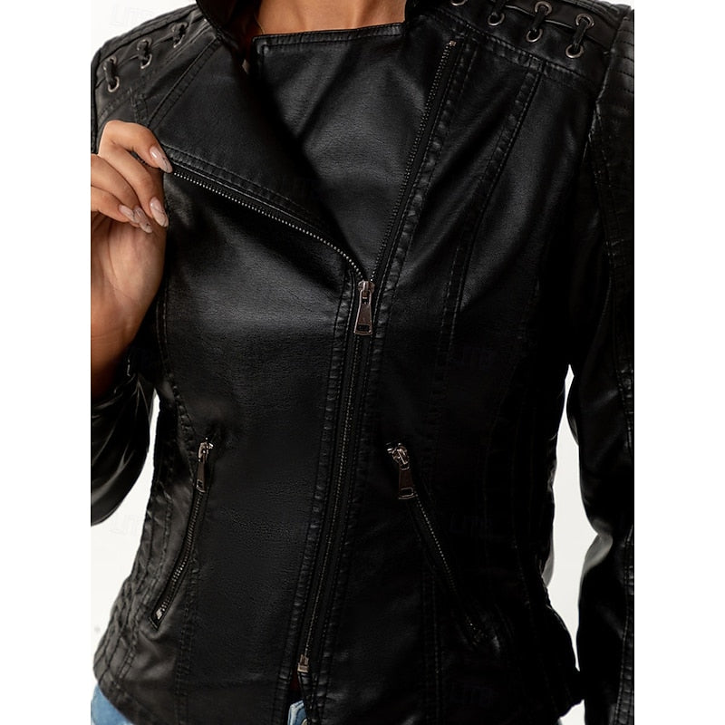Leather Jacket Womens Faux Biker Tailored Zip Front Fitted Moto