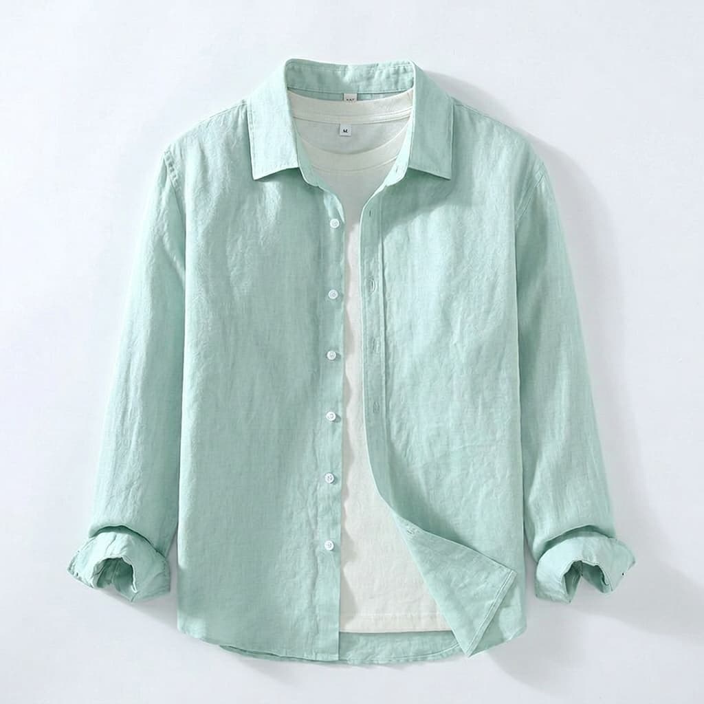 Spread collar linen long sleeve shirt in mint