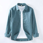 Spread collar linen long sleeve shirt in dusty teal