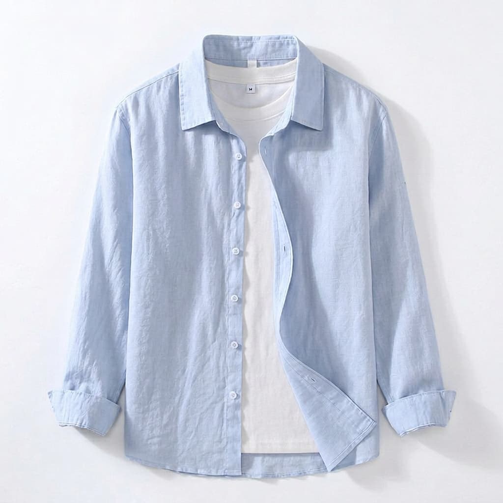 Spread collar linen long sleeve shirt in pastel blue