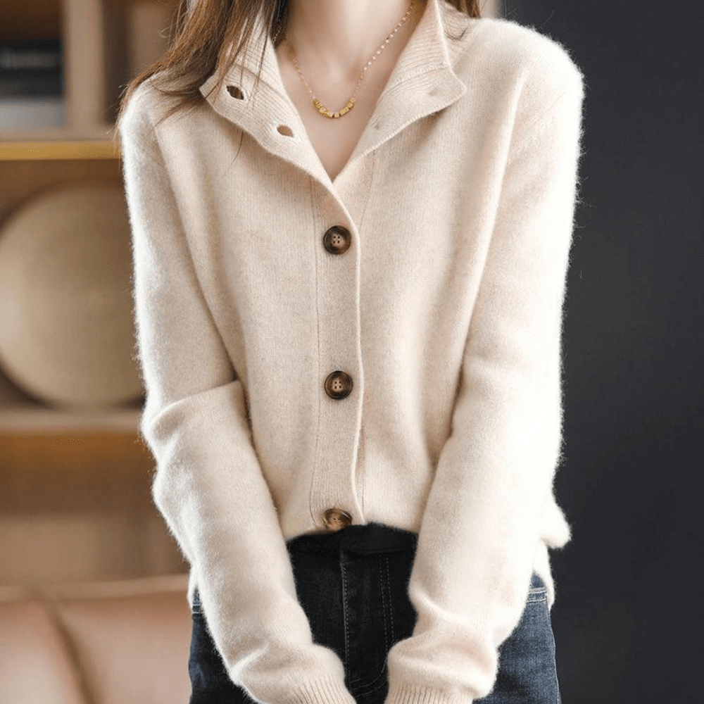 Fall Soft Knit Collared Button Front Cardigan for Women in Beige