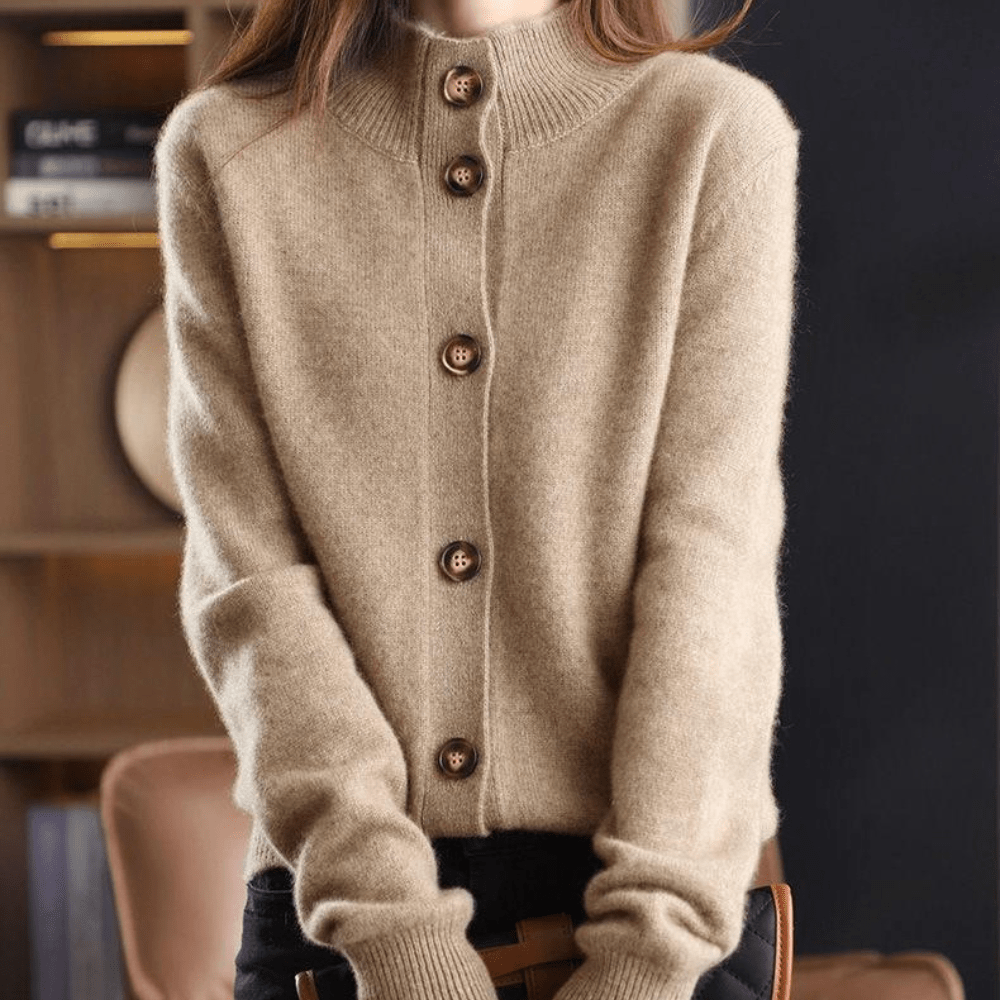 Fall Soft Knit Collared Button Front Cardigan for Women in Khaki