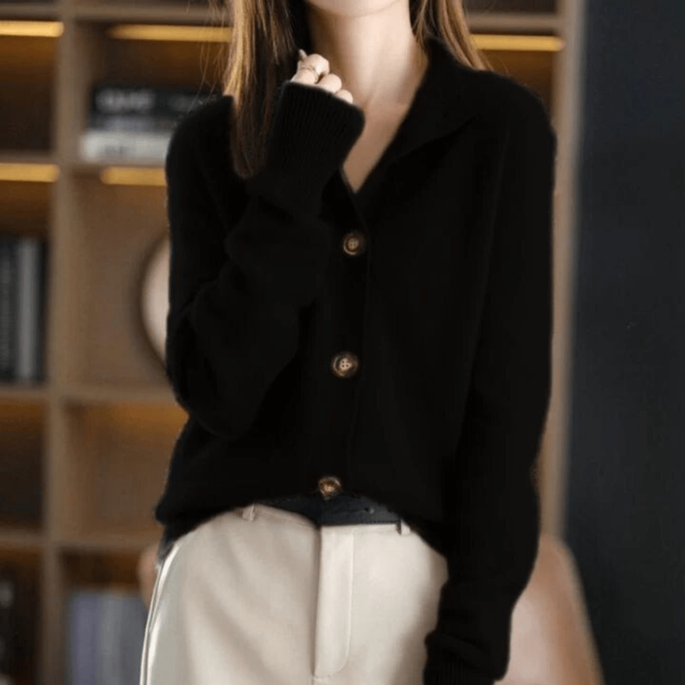 Fall Soft Knit Collared Button Front Cardigan for Women in Black