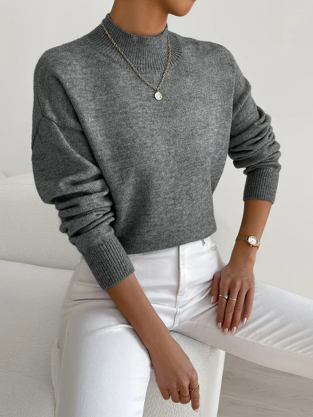 Fall Soft Brushed Knit Mock Neck Sweater for Women in Dark Gray