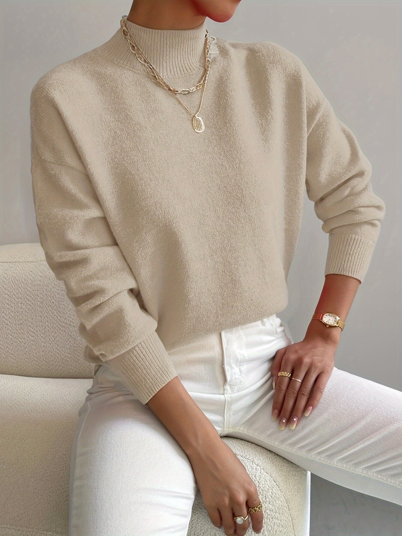 Fall Soft Brushed Knit Mock Neck Sweater for Women in Beige
