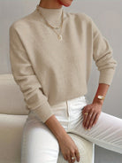 Fall Soft Brushed Knit Mock Neck Sweater for Women in Beige