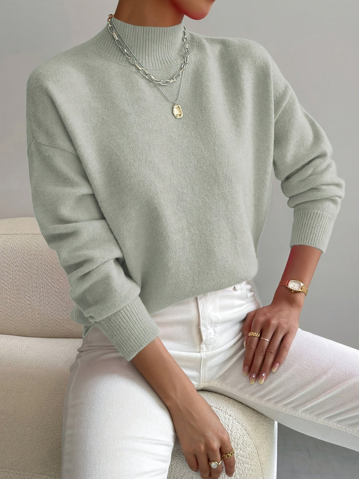 Fall Soft Brushed Knit Mock Neck Sweater for Women in Light Green