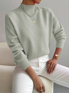 Fall Soft Brushed Knit Mock Neck Sweater for Women in Light Green