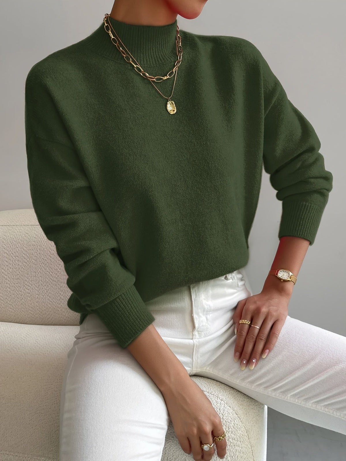 Fall Soft Brushed Knit Mock Neck Sweater for Women in Green