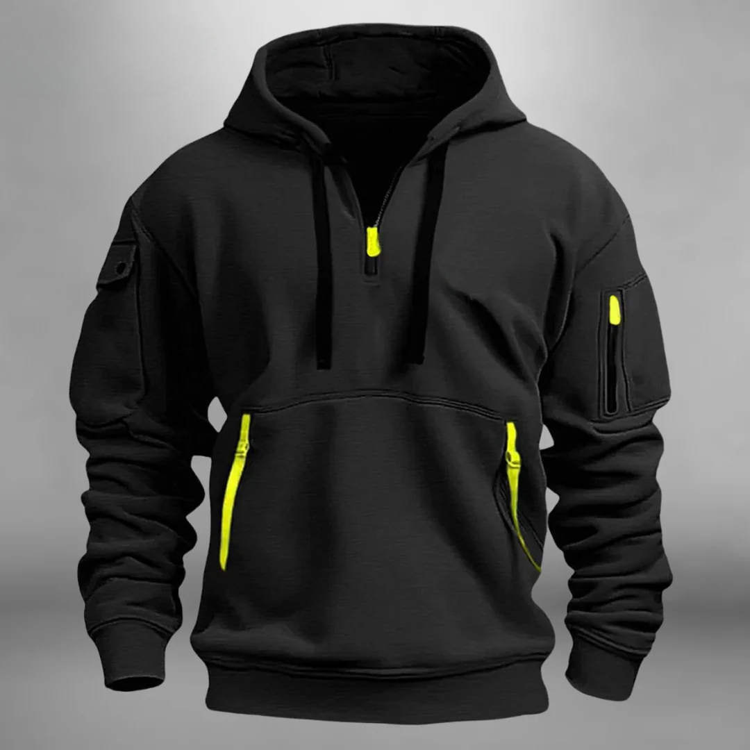 Hoodie Mens Half Zip Knit Utility Pockets Attached Hood Pullover