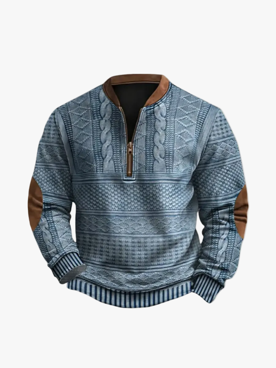 Cable Knit Sweater Mens Quarter Zip Pattern Panel Geometric Pullover