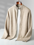 Merino Wool Cardigan Mens Full Zip Mock Neck Plain Knit Layering