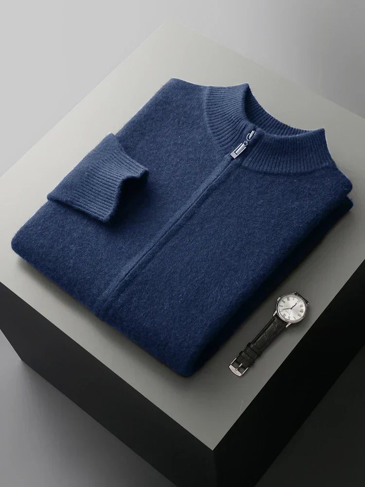 Merino Wool Cardigan Mens Full Zip Mock Neck Plain Knit Layering