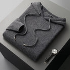 Merino Wool Hoodie Mens Knit Pullover Drawstring Ribbed Trim