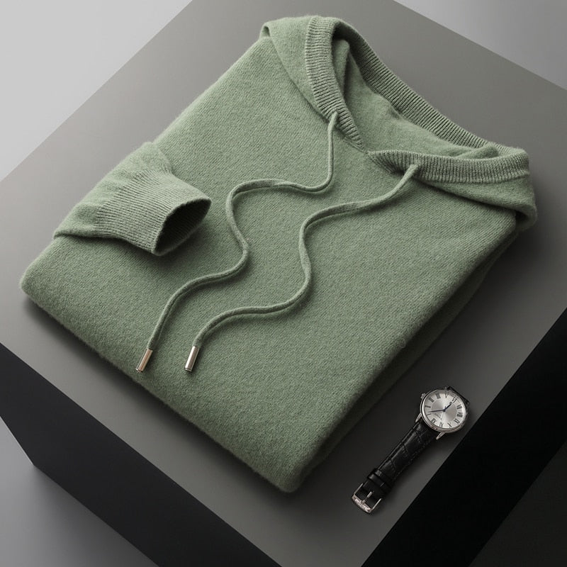 Merino Wool Hoodie Mens Knit Pullover Drawstring Ribbed Trim