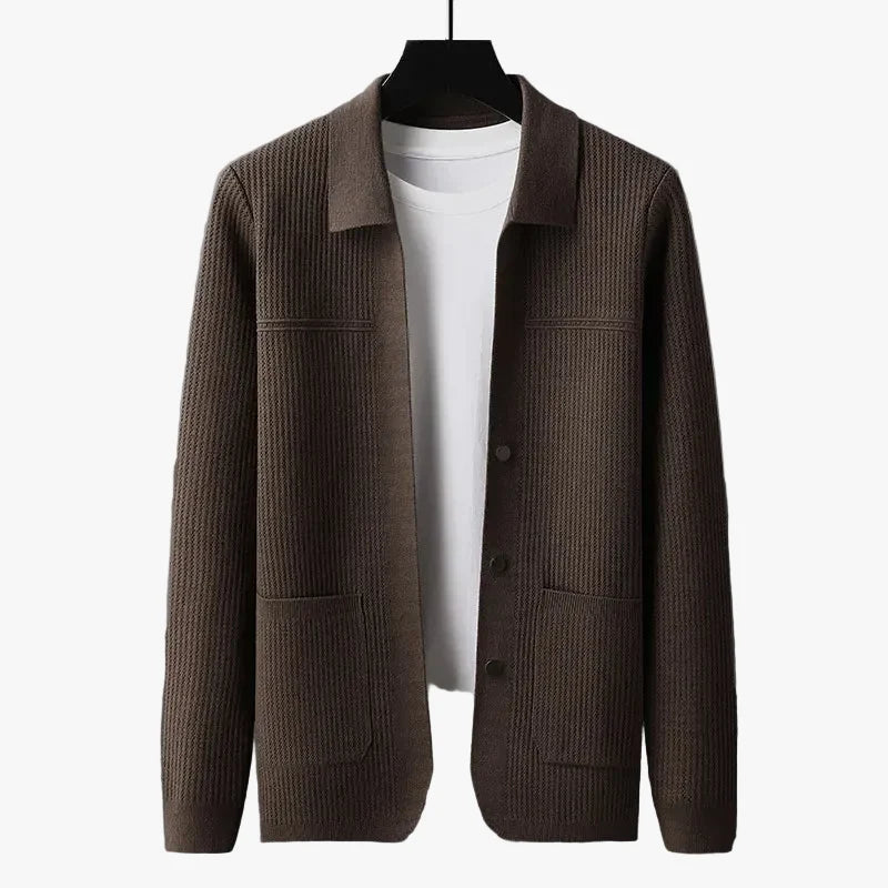 Cardigan Sweater Mens Rib Knit Point Collar Button Front Pockets