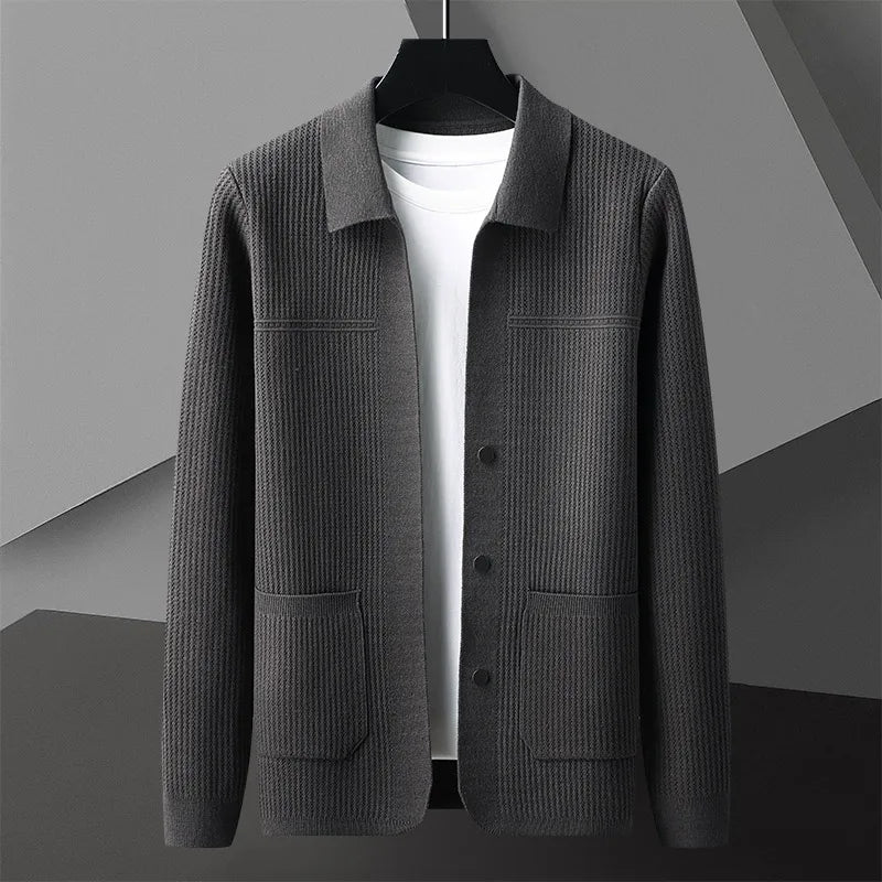 Cardigan Sweater Mens Rib Knit Point Collar Button Front Pockets
