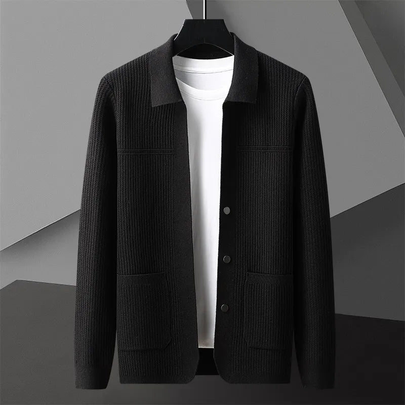 Cardigan Sweater Mens Rib Knit Point Collar Button Front Pockets