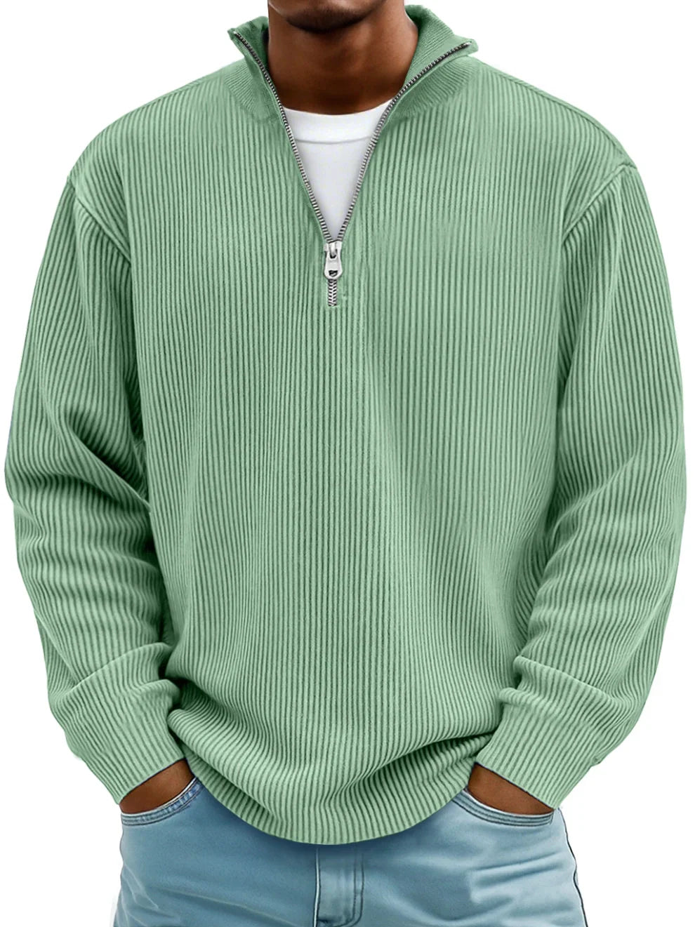 Knit Sweater Mens Ribbed Quarter Zip Stand Collar Ribbed Cuff Daily