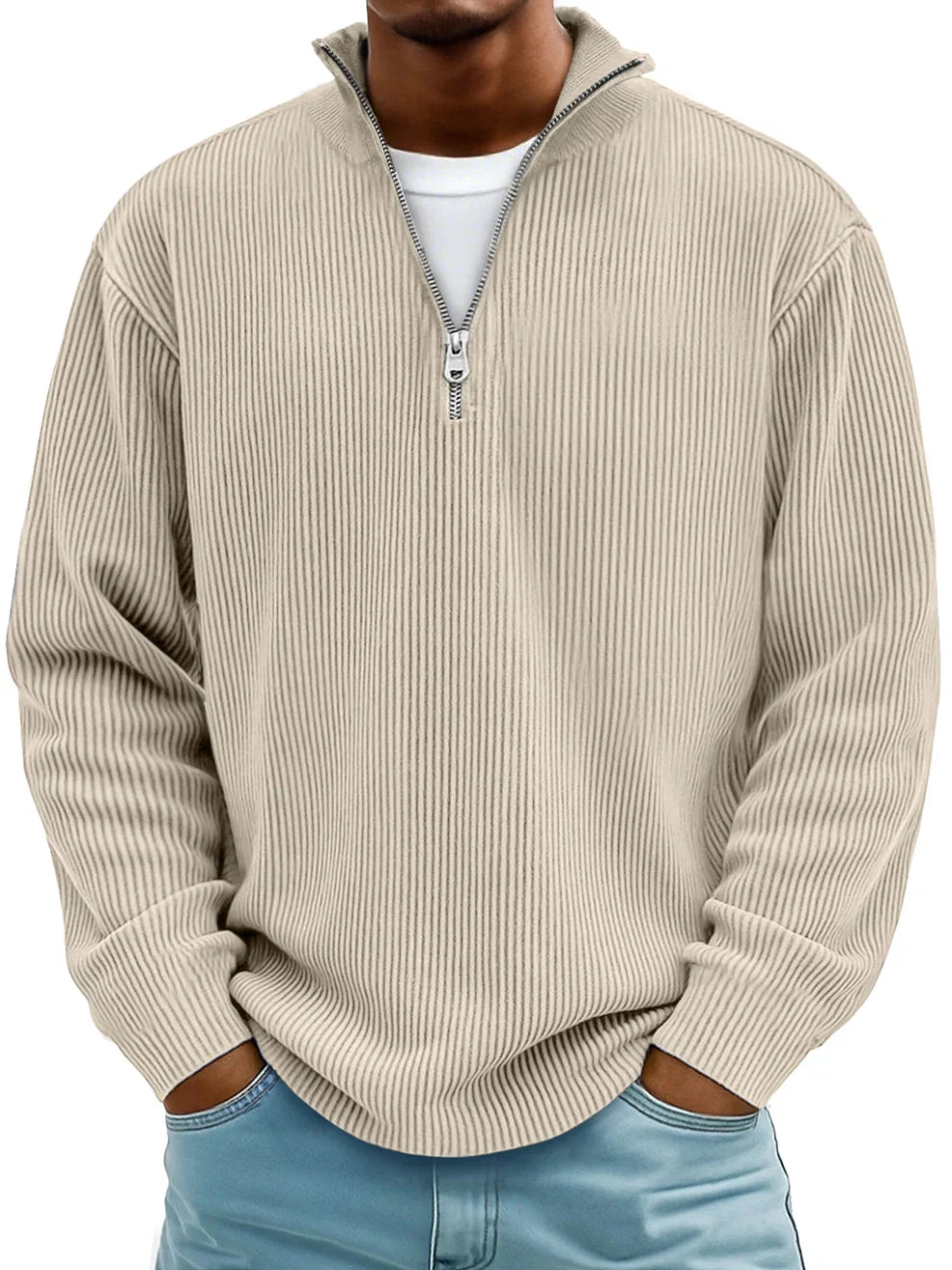 Knit Sweater Mens Ribbed Quarter Zip Stand Collar Ribbed Cuff Daily