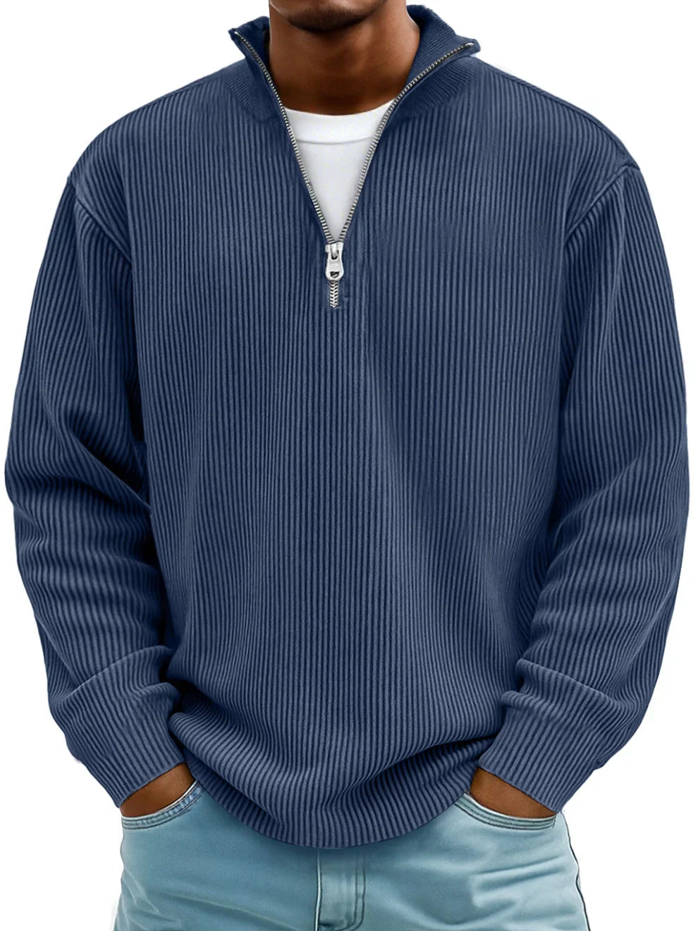 Knit Sweater Mens Ribbed Quarter Zip Stand Collar Ribbed Cuff Daily