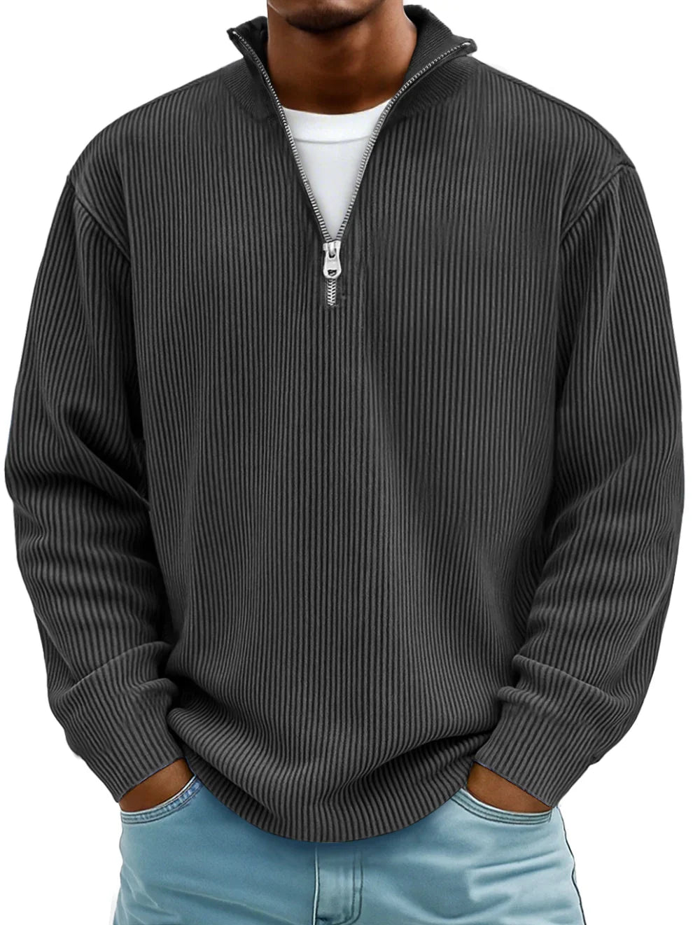 Knit Sweater Mens Ribbed Quarter Zip Stand Collar Ribbed Cuff Daily