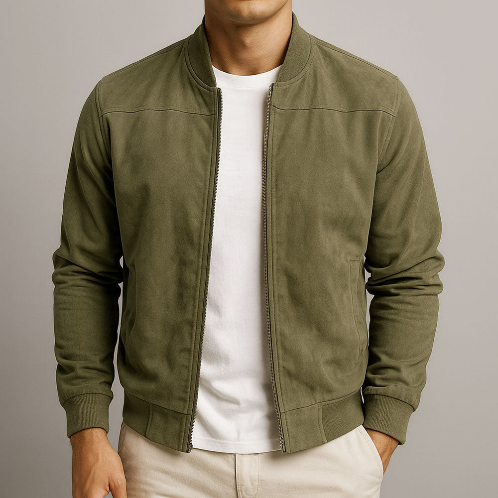 Suede Bomber Jacket Mens Band Collar Zip Front Rib Knit Trim
