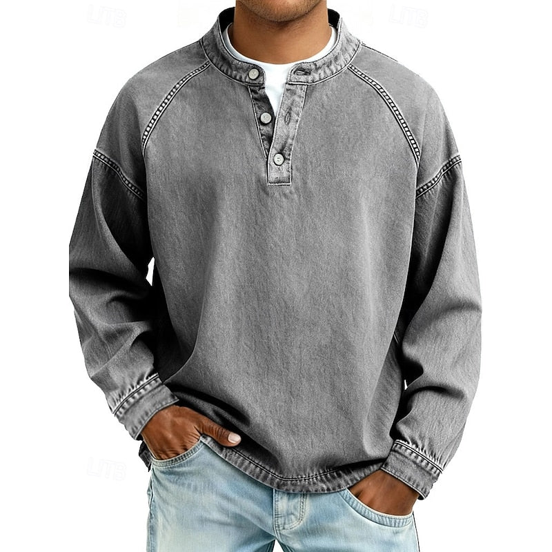 Henley Shirt Mens Washed Cotton Long Sleeve Relaxed Lived In Feel
