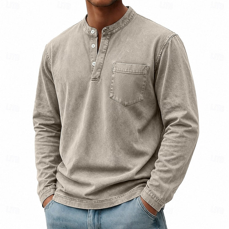 Henley Shirt Mens Vintage Washed Long Sleeve Button Placket Faded