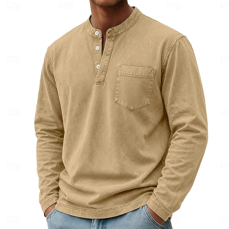 Henley Shirt Mens Vintage Washed Long Sleeve Button Placket Faded