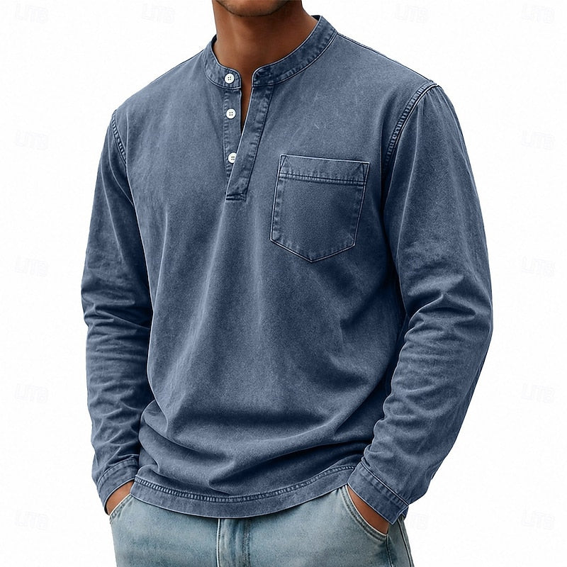 Henley Shirt Mens Vintage Washed Long Sleeve Button Placket Faded