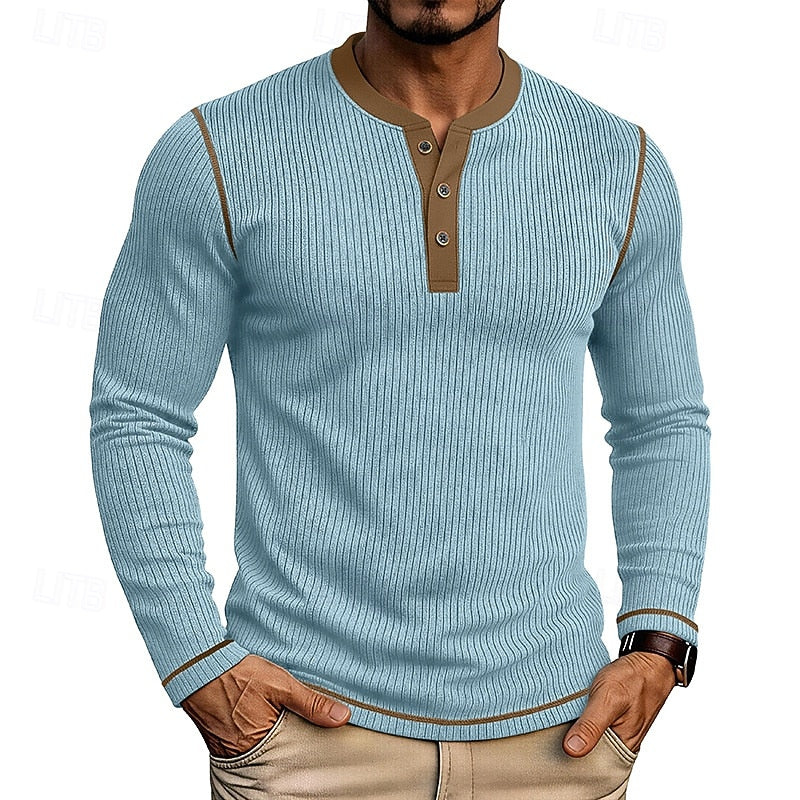 Henley Shirt Mens Ribbed Texture Long Sleeve Placket Soft Jersey