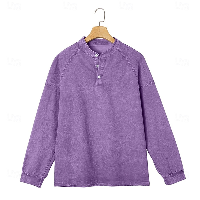 Henley Shirt Mens Washed Cotton Long Sleeve Relaxed Lived In Feel