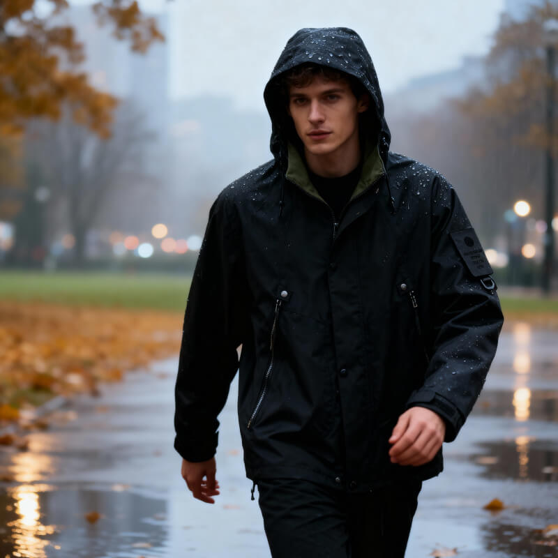 Rain Jacket Mens Waterproof Hooded Zip Front Chest Pocket Hip Length