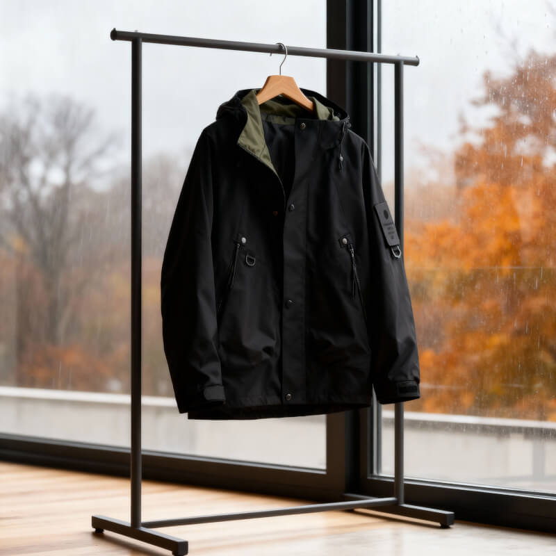 Rain Jacket Mens Waterproof Hooded Zip Front Chest Pocket Hip Length