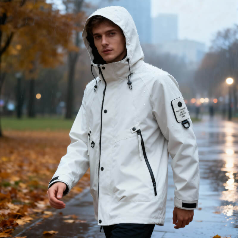 Rain Jacket Mens Waterproof Hooded Zip Front Chest Pocket Hip Length