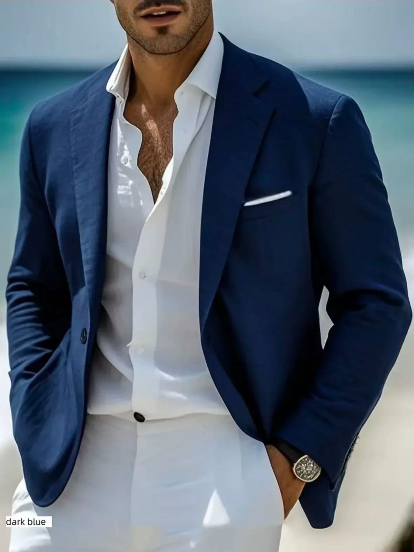 Blazer Mens Linen Look Soft Shoulder Notch Lapel Patch Pocket