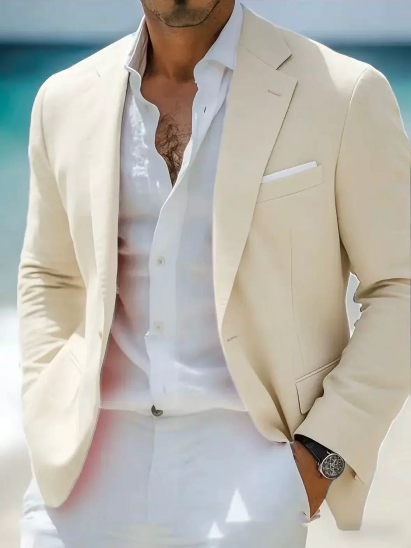 Blazer Mens Linen Look Soft Shoulder Notch Lapel Patch Pocket