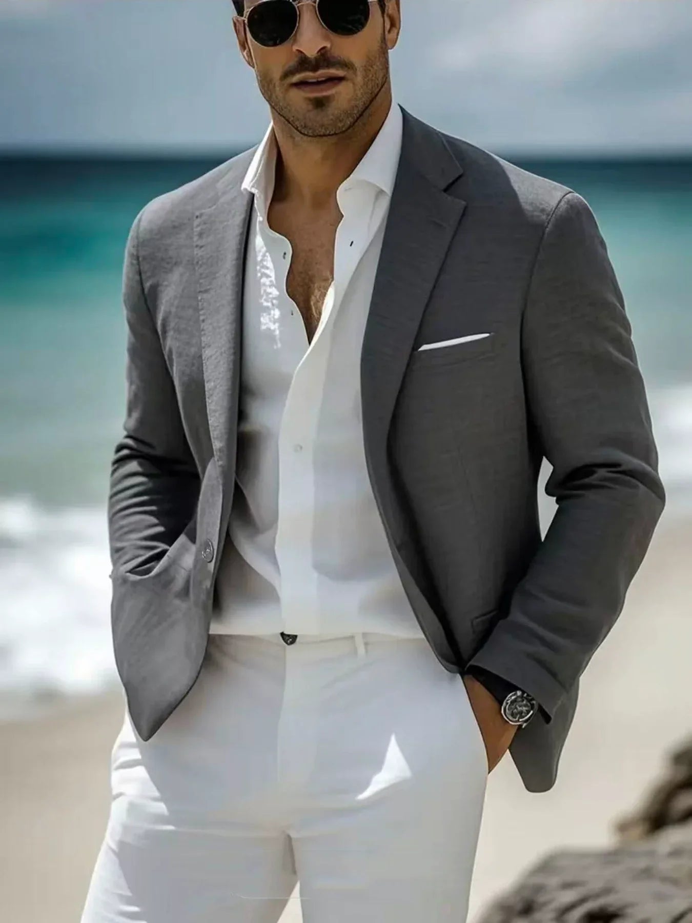 Blazer Mens Linen Look Soft Shoulder Notch Lapel Patch Pocket