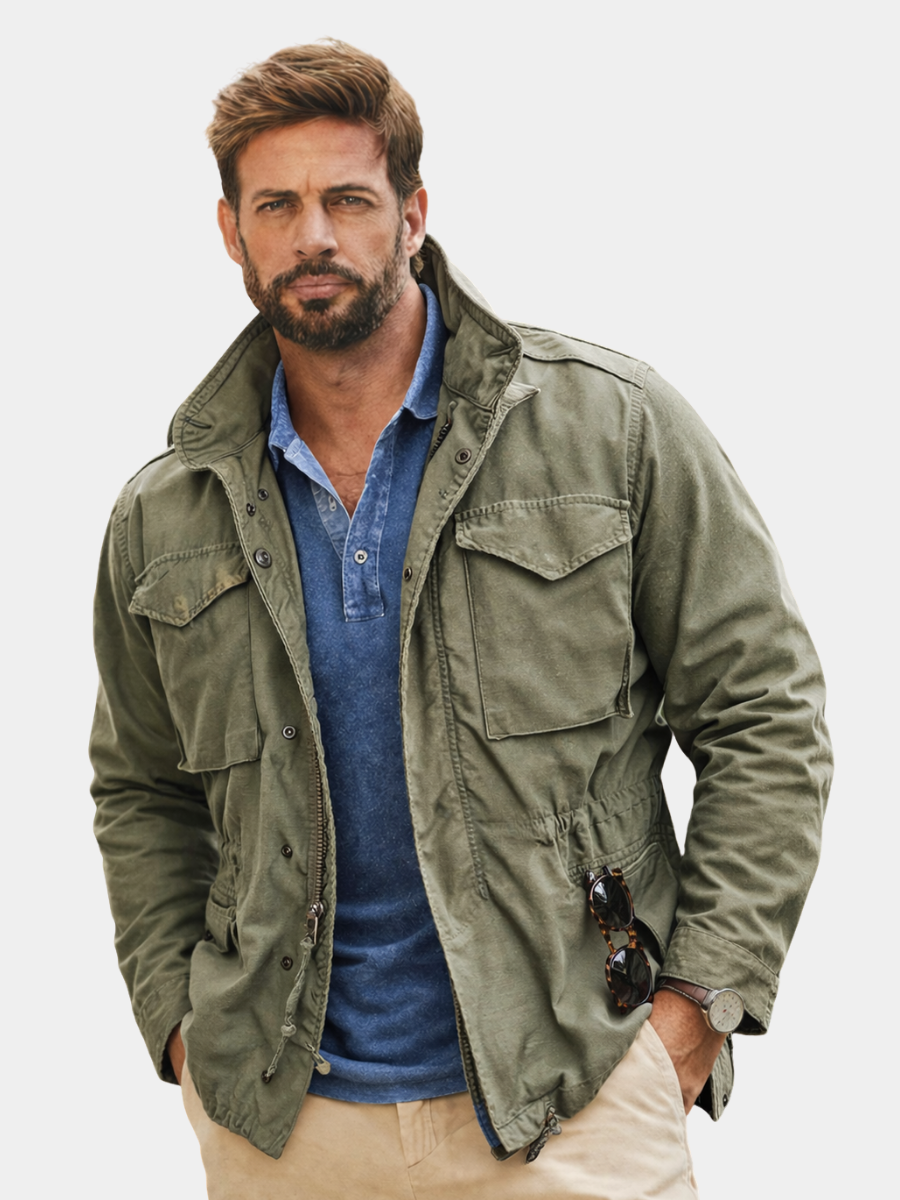 Field Jacket Mens Military Four Pocket Stand Collar Drawstring Waist