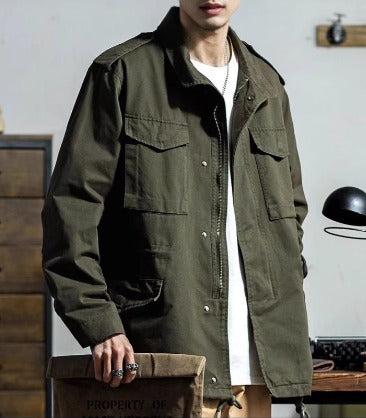 Field Jacket Mens Military Four Pocket Stand Collar Drawstring Waist