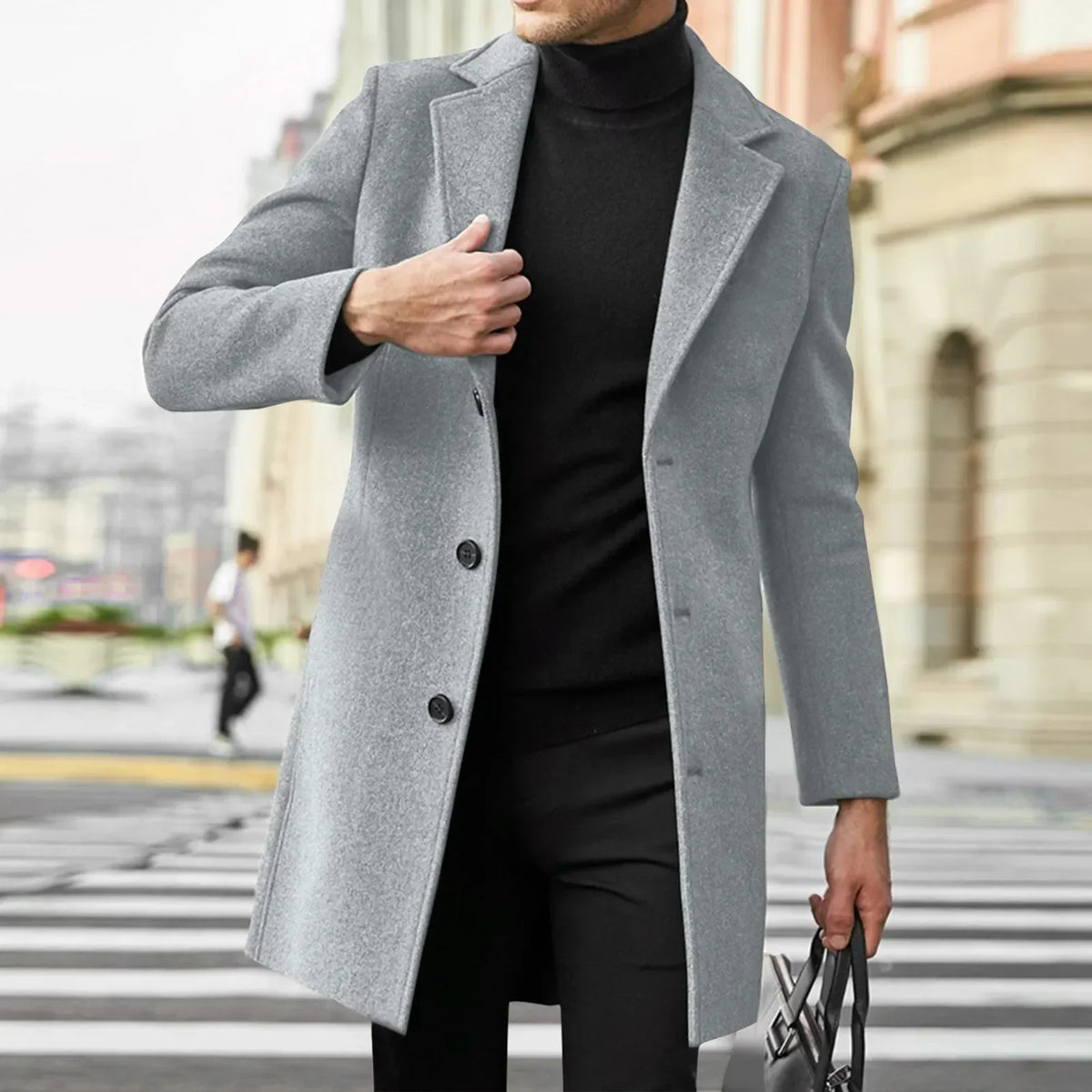 Wool Coat Mens Single Breasted Notch Lapel Mid Length Overcoat